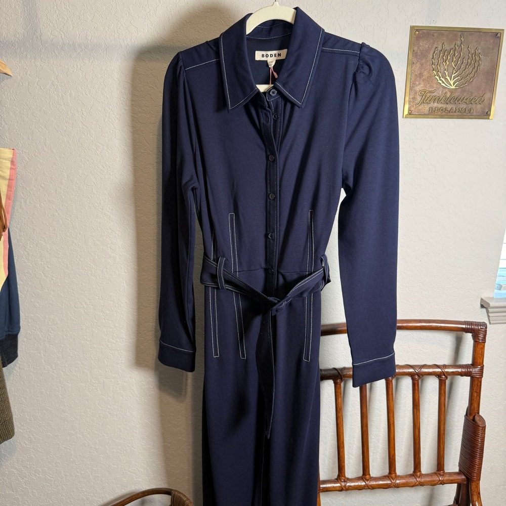 Boden Navy Blue Contrast Stitch Belted Midi Shirt Dress Womens 12R UK 16R - Picture 2 of 9